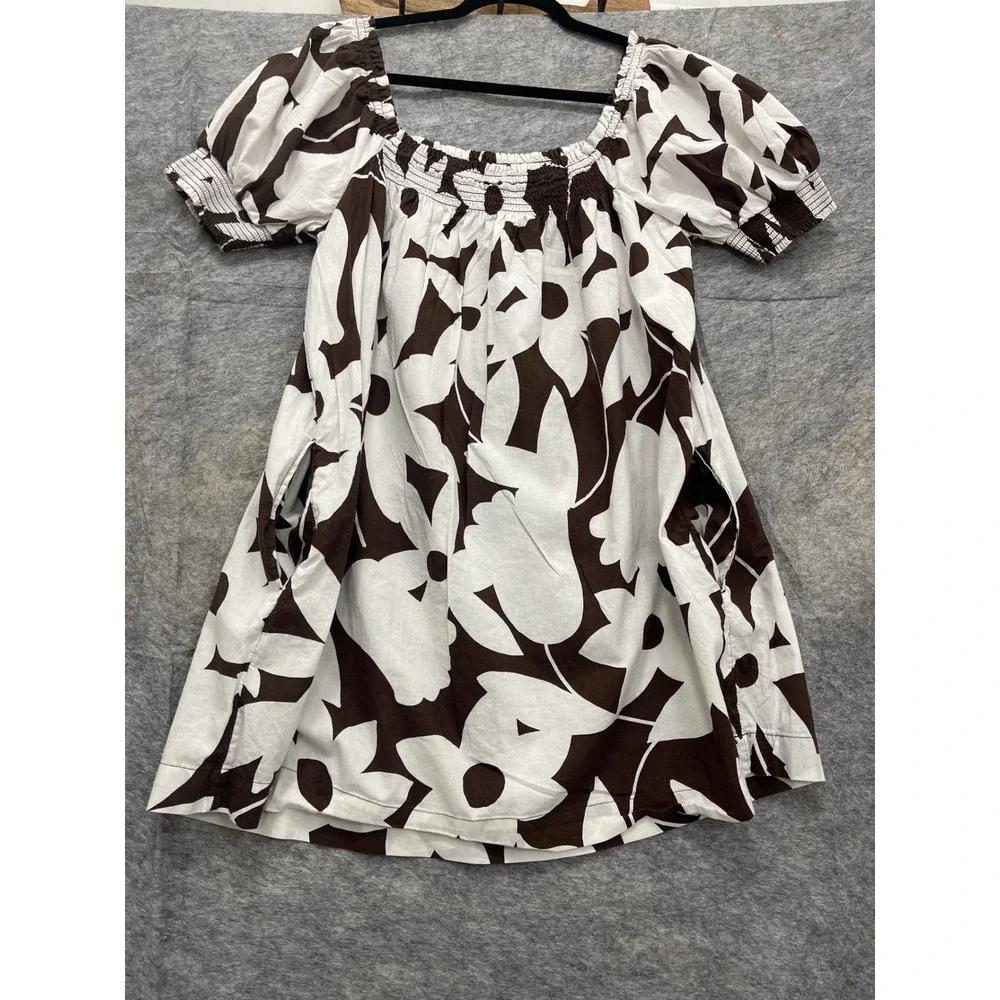 Free People Brown White Floral Smocked Puff Sleeve Mini Dress with Pockets - Picture 3 of 14